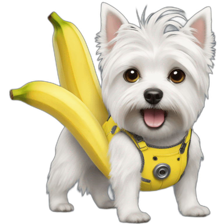 Whest Highland White Terrier dressed as minion with banana emoji