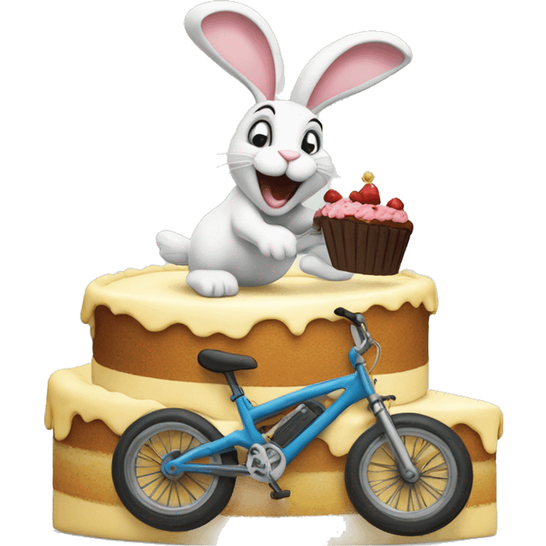 Rabbit jumping out of a cake with a bike emoji