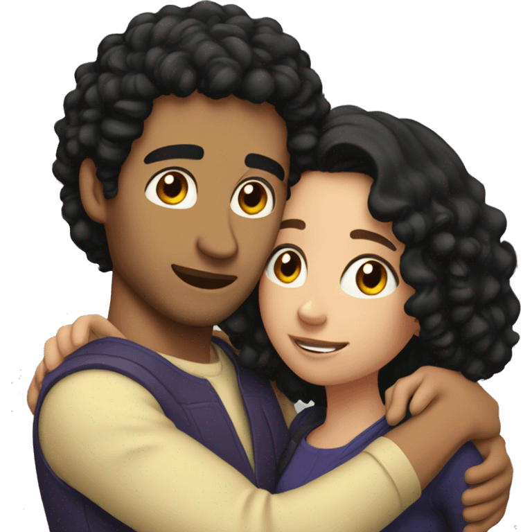 Man with black curly hair hugging brunette girl emoji