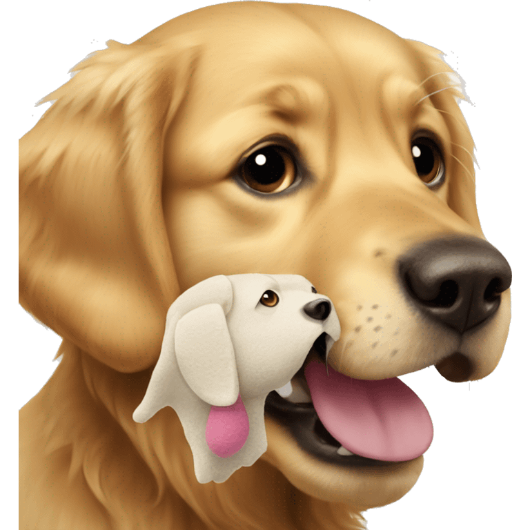 Golden retriever with stuffed dog in mouth emoji