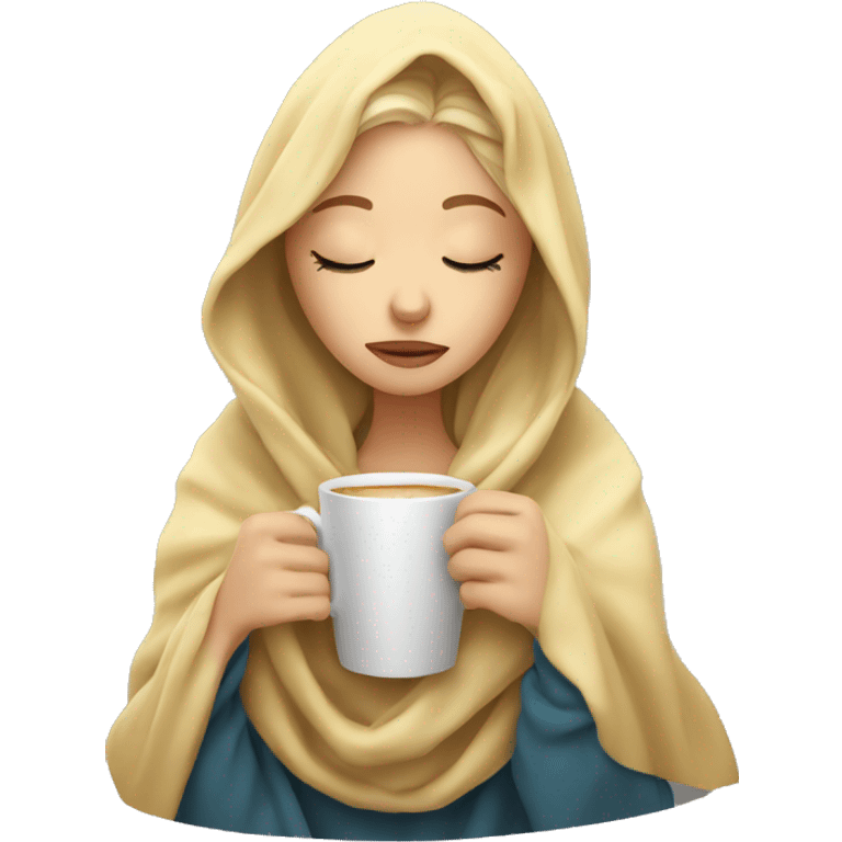 Blonde girl inside a blanket sipping coffee eyes closed emoji