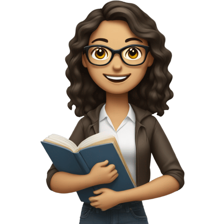 smiling brunette woman with glasses holding books emoji