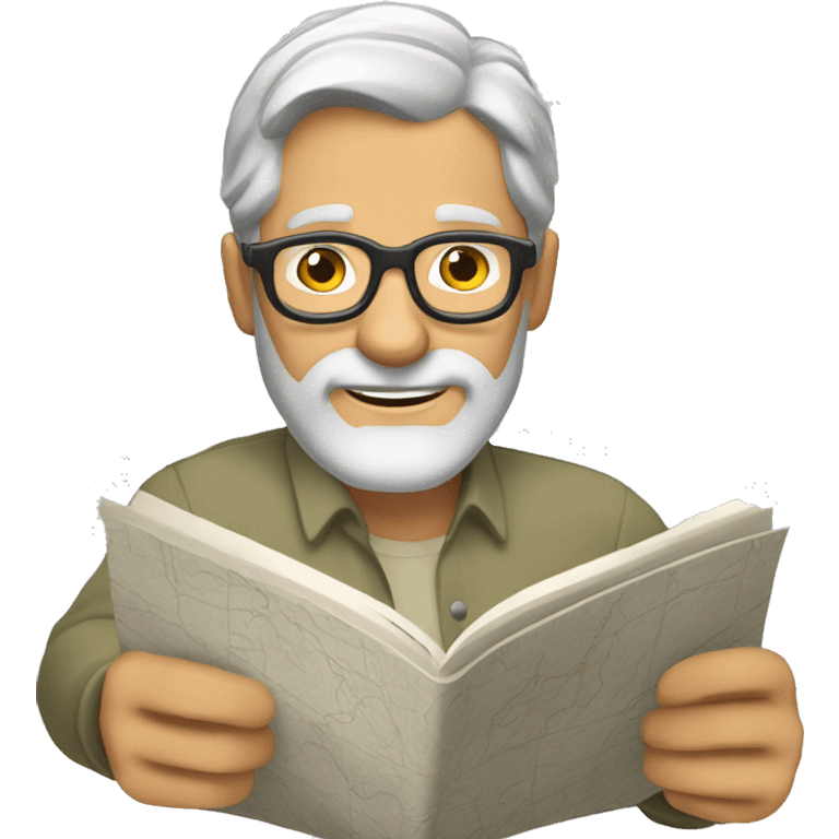 Mature man with tanned skin gray hair and beard and glasses and reading a map emoji