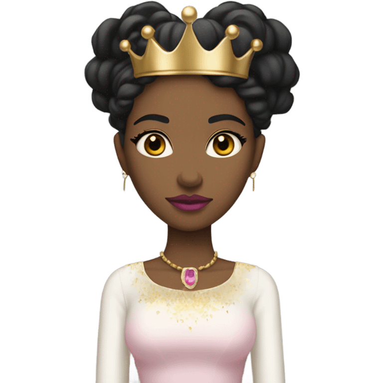 Queen with light skin, long black hair down,  pink lips, skinny gold crown, white dress, and blank stare. emoji