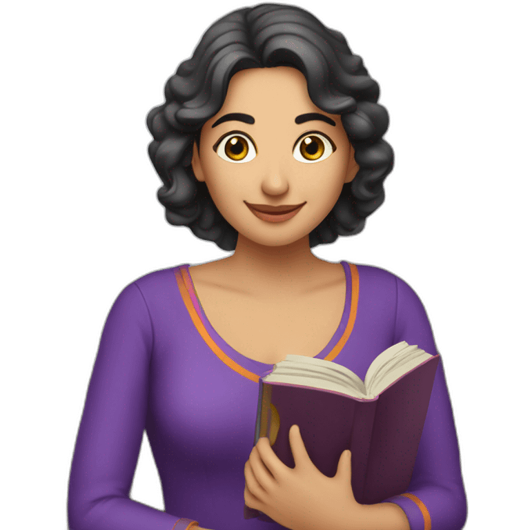 Armenian women with the purple clothes reading book and looking at camera and smiling  emoji