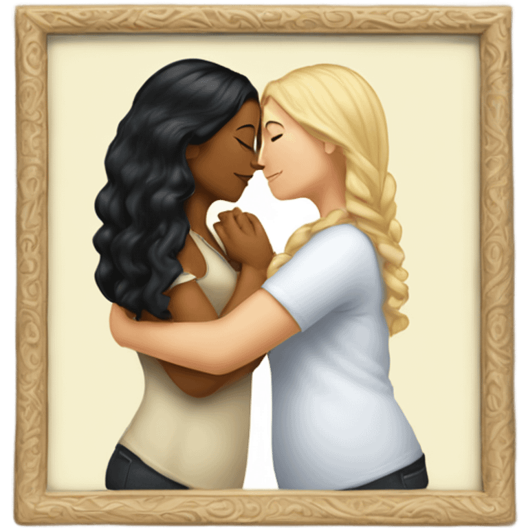 A indian race woman with long black hair kissing a white woman with curly dirty blonde hair who is slightly chubby, Who embrace each other tenderly emoji