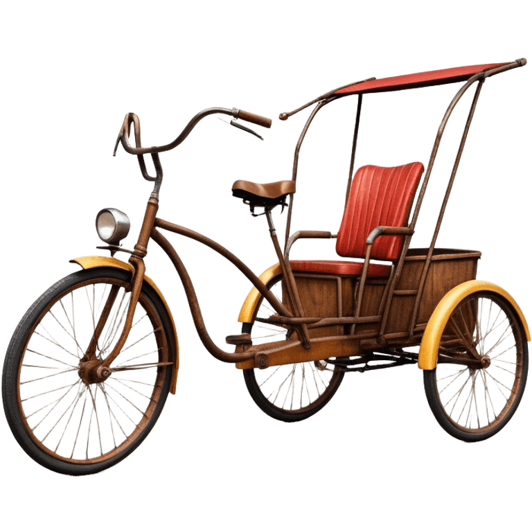 ​Cinematic Realistic Tricycle Rickshaw, depicted as a vintage manually operated vehicle featuring two front wheels and a single rear wheel, rendered with detailed rustic textures, vibrant colors, and dynamic urban lighting that captures its unique design and cultural charm, emoji