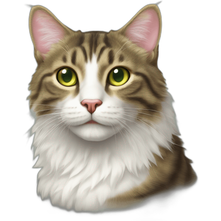 cat Tabby (Mainly black and brown) fluffy cat pink-nose light-green&yellow-eyes,-white-long-whiskers,-white-spots-near-the-nose,sharp chin.,long ears,sharp of the eyes emoji