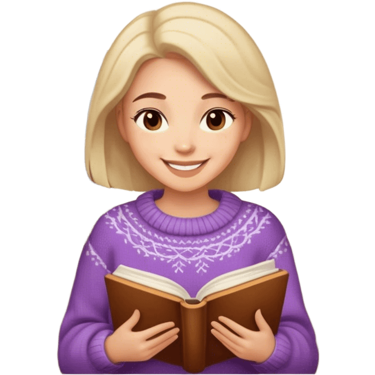 Woman wearing a cozy sweater, smiling kindly, with book emoji