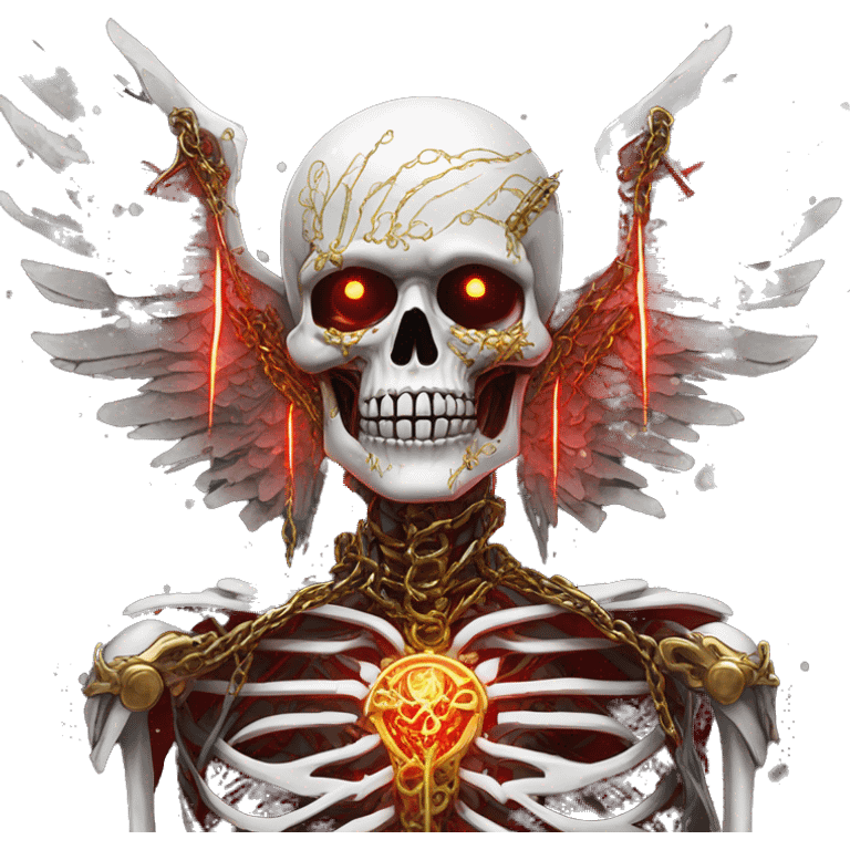 White skeleton zombie person covered in golden chains and black graffiti scribbles and red and silver doodles wings made of neon lightning snowing snowflakes emoji