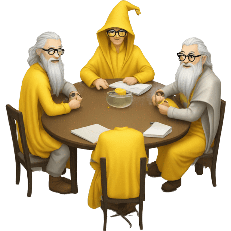 group of gandalfs, round yellow table, yellow clothes, glasses, macbooks emoji