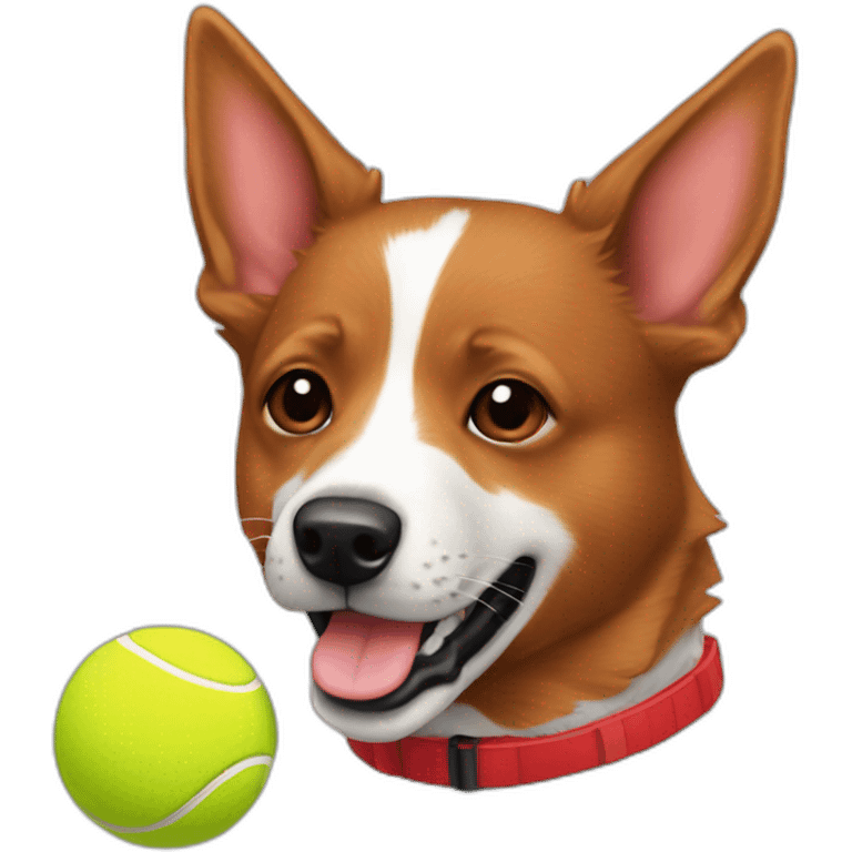 Red heeler with red collar catching a tennis ball emoji