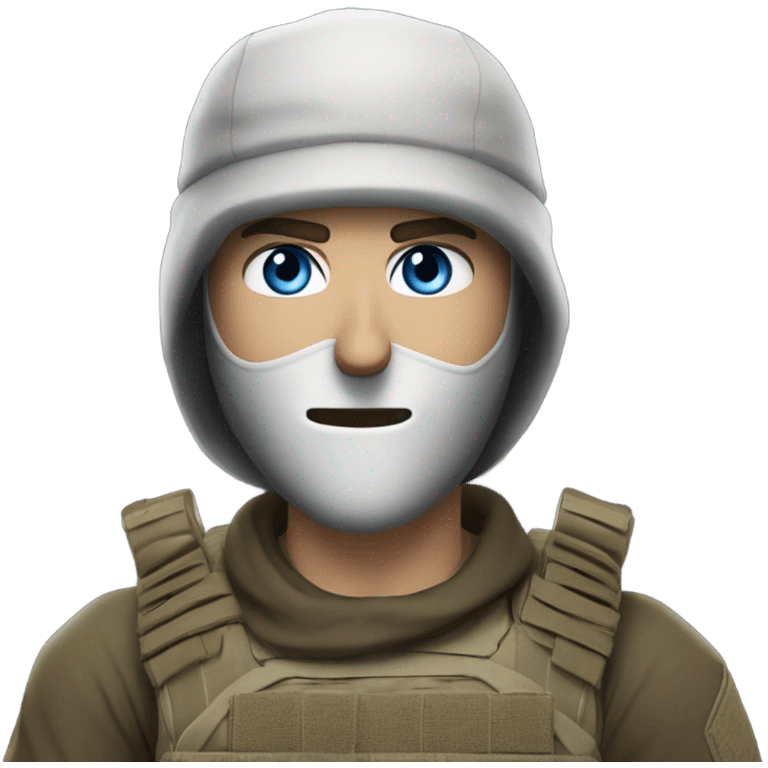 White male, call of duty black mask, camo tactical gear, tan combat boots, black beanie, blue eyes emoji