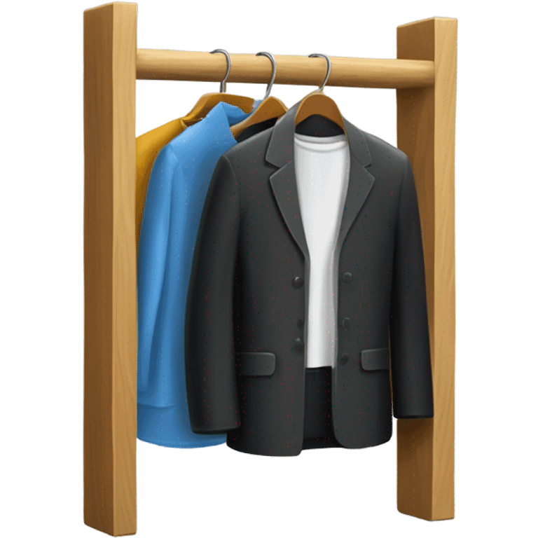 Design an emoji-style icon of an open wardrobe with clothes hanging inside. Include details like a wooden frame, hangers, and black different clothing items such as shirts or any other clothing . Use a clean and minimalistic design. emoji