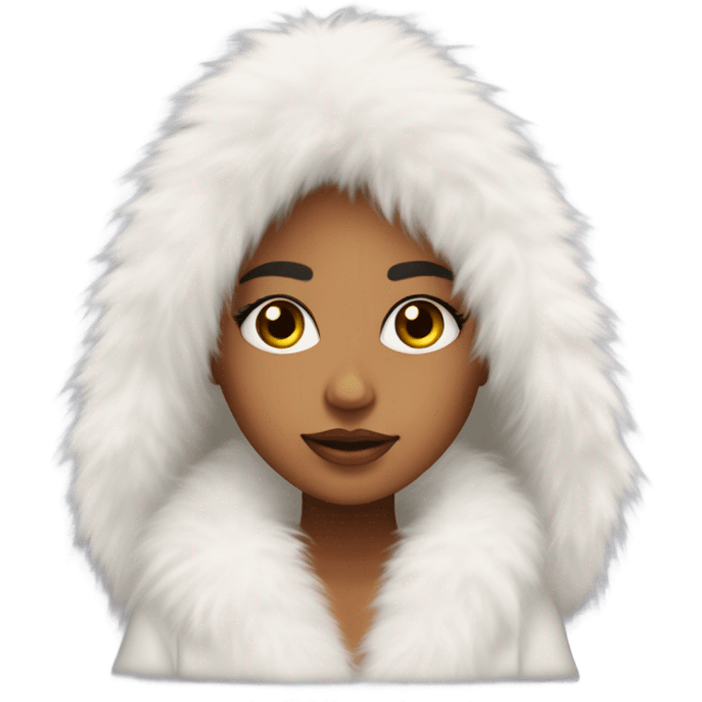 Tanned Girl with lashes ,  in an extremely big fluffy oversized white fur coat with hood on. The fur is real and it’s very obvious big and fluffy like in Pinterest  emoji