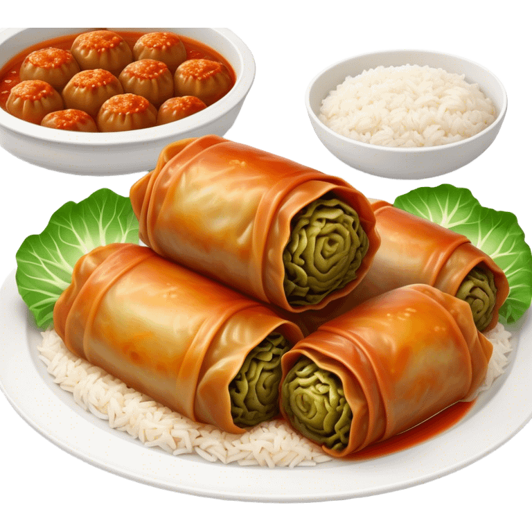 Cinematic Realistic Go≈ÇƒÖbki Dish Emoji, featuring cabbage rolls stuffed with rice and meat rendered with lifelike detail and inviting, homey lighting. emoji