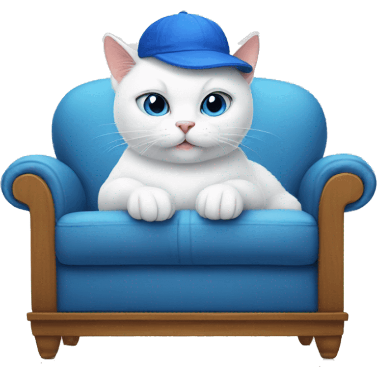 white cat wearing a blue hat and sitting on a couch emoji