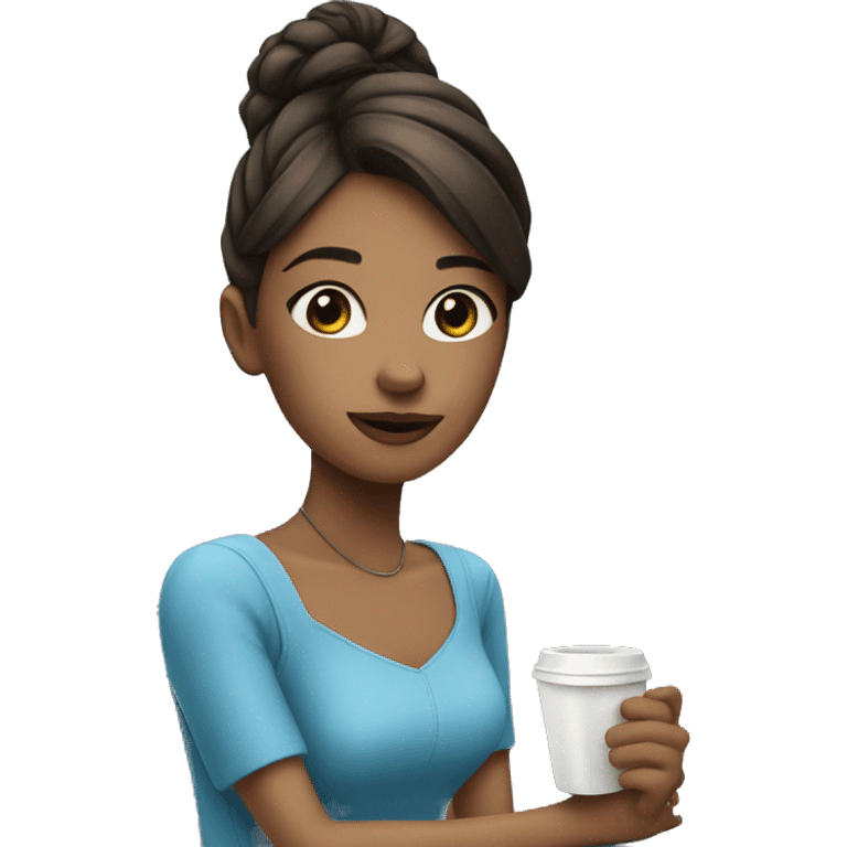 Girl in blue dress drink a coffee  emoji