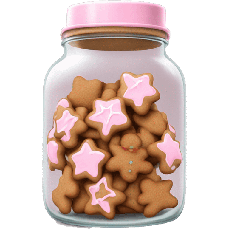 Realistic glass cookie jar with light pink lid full of gingerbread cookies isolated.  emoji