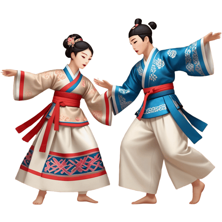 Cinematic Realistic scene of two performers engaging in Ganggangsullae, dressed in traditional Korean costumes with intricate patterns and graceful movements, illuminated by soft, festive lighting that accentuates the cultural ambiance emoji