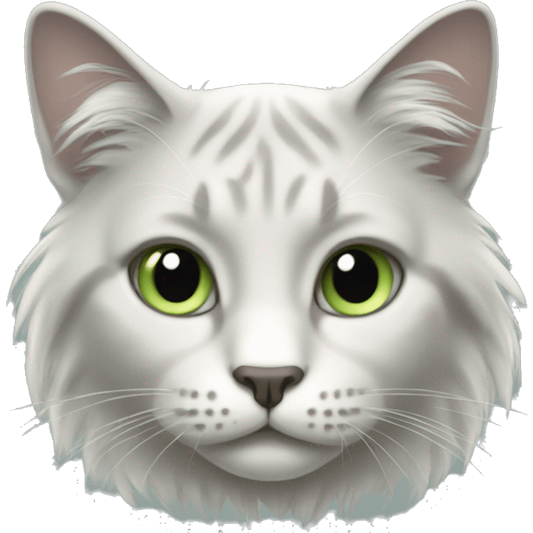 cat with long hair, white snout and grey hair on face, light green eyes emoji