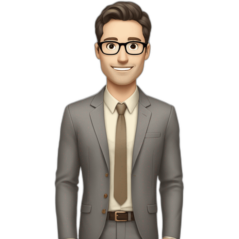 Pale skinned fit man with dark brown hair in gray jacket, beige office shirt, brown tie, brown pants and vintage glasses Writing text on a marker board emoji