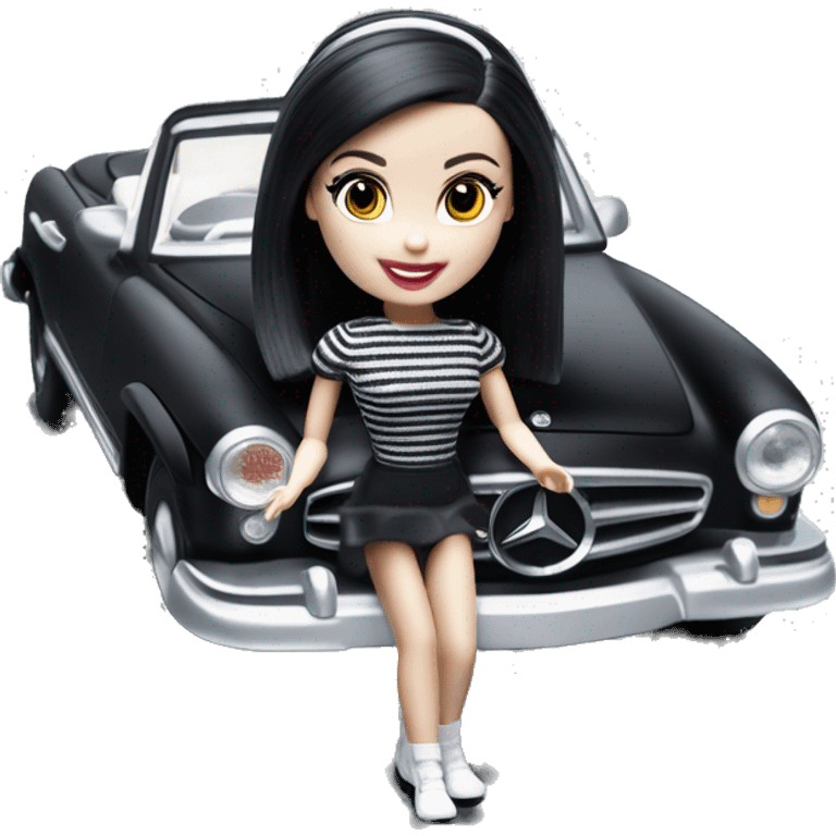 Beach Beauty Barbie, 1965 Wednesday Addams from academy, in dark-gray and black striped outfit with hat. Smiling Driving Mercedes convertible sports car. Pale-white porcelain skin.  emoji