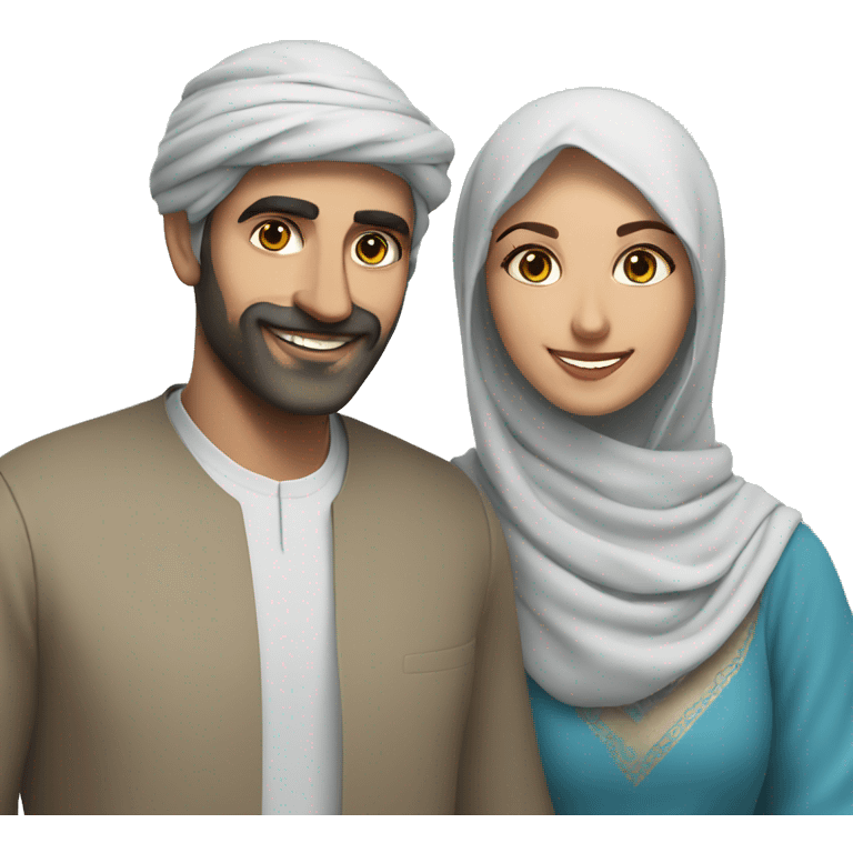 smiling couple under blue sky, the arab man has a black barb emoji