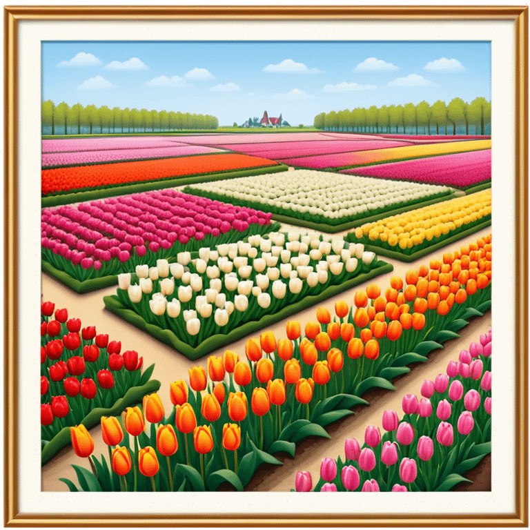 Cinematic Realistic Keukenhof Gardens Landmark Emoji, showcasing expansive tulip fields rendered with crisp, lifelike detail and radiant lighting. emoji