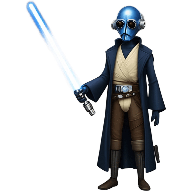 jedi first order human-sized darkblue-pearl friendly bounty hunter c3po droid wearing a leather wild west duster coat holding light saber ready to fight but relaxed. antique emoji