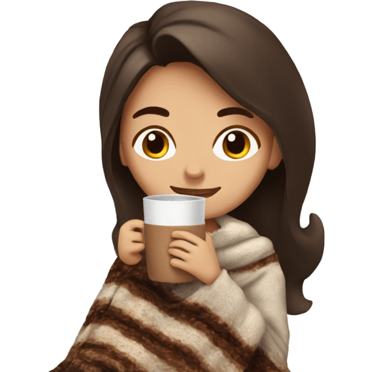 A brunette girl being cozy with a blanket and a cup of hot chocoate emoji