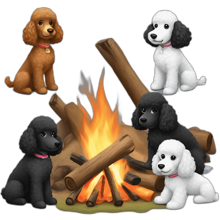 Black and white poodles gathered around campfires emoji