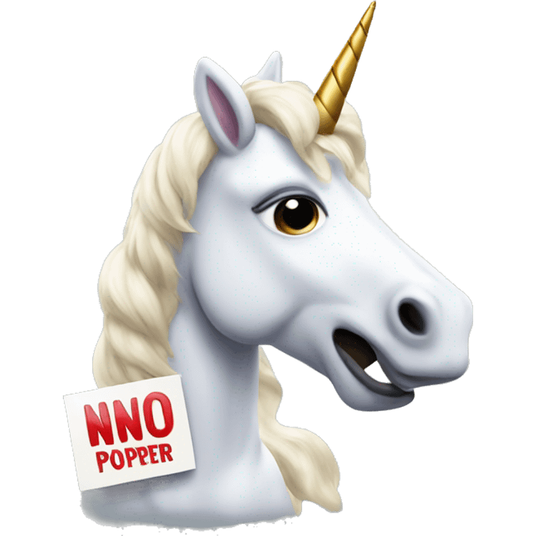 Unicorn  holding sign that reads poppers emoji