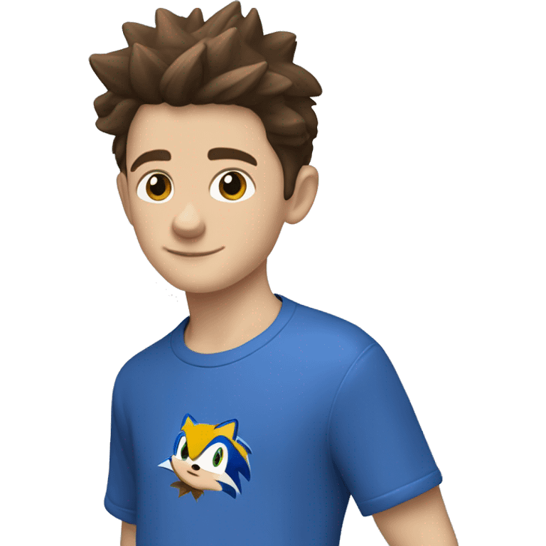 A young white boy with short brown hair and brown eyes wearing a blue sonic the hedgehog shirt
 emoji