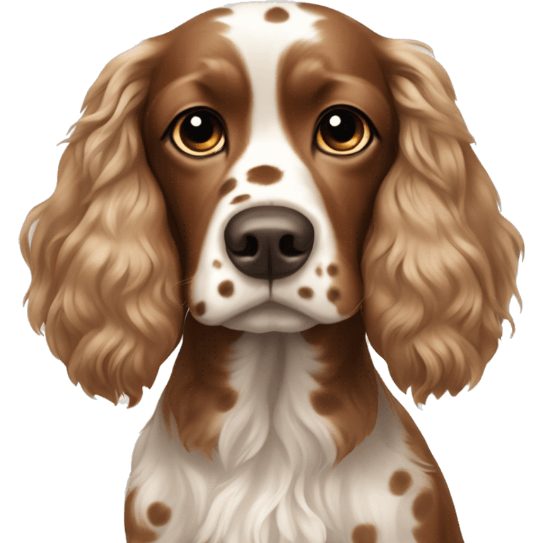 Cocker spaniel with a brown and white spots and hairs poking out on top of head  emoji