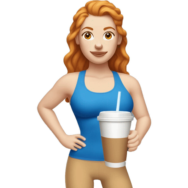 Ginger hazel eyed straight haired white girl in blue sports bra and leggings, drinking iced coffee emoji