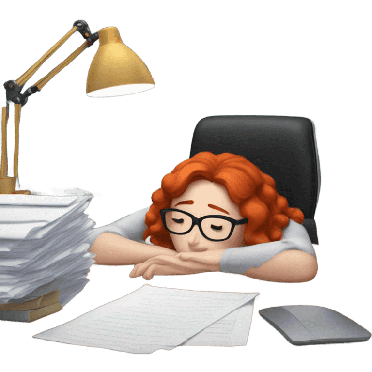 red hair woman wearing glasses taking nap desk monitor stack paper emoji