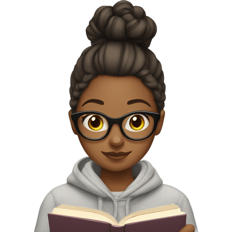 Girl with bun and in sweatshirt and sweatpants reading a book emoji