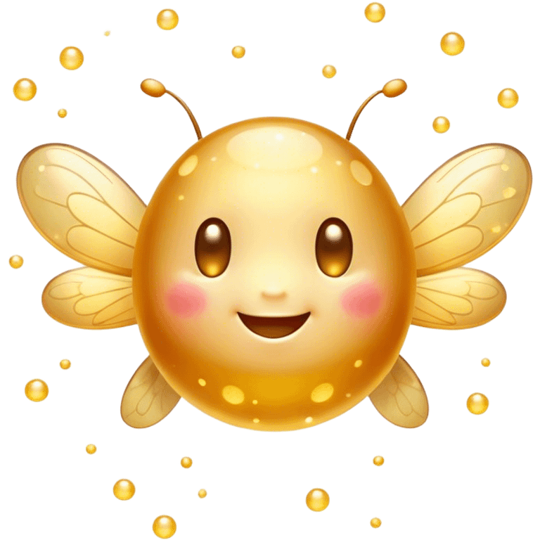 Cinematic tiny glowing firefly, round and chubby, soft golden light, tiny happy face, gentle floating motion, surrounded by dreamy sparkling dots. emoji