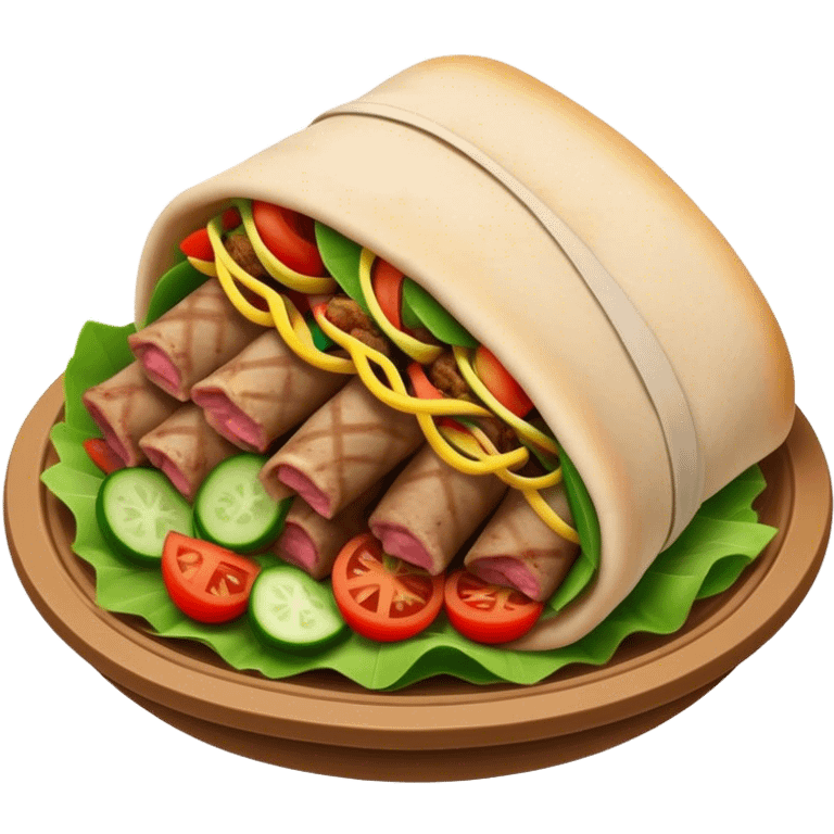 Cinematic Realistic Gyros Dish Emoji, showcasing succulent, spiced meat wrapped in pita with fresh vegetables rendered with lifelike detail and dynamic, appetizing lighting. emoji