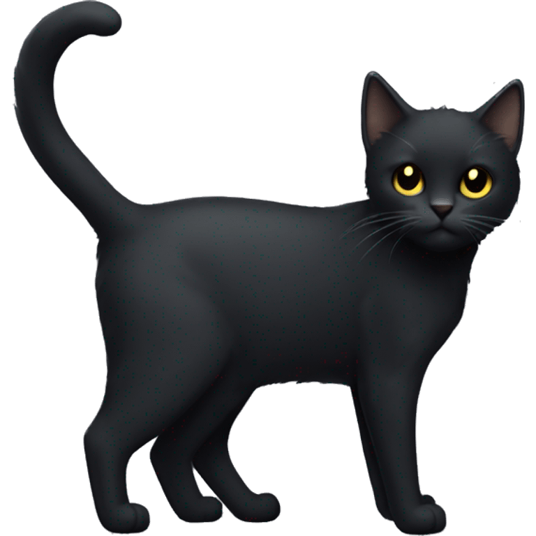 Full-body of a petite, solid black-furred cat with light yellow eyes, short fur, and small pointed ear tufts that blend into the black fur emoji