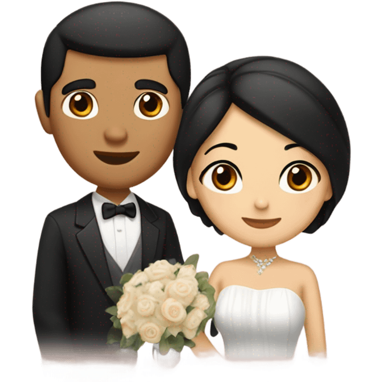 Brown eyes tan Asian man with brown eye black hair light fair skin woman in love in wedding  emoji