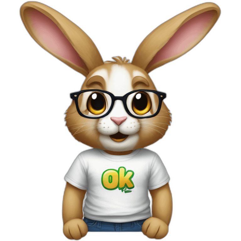 a rabbit with glasses and a T-shirt with the inscription Тишотка shows ok emoji