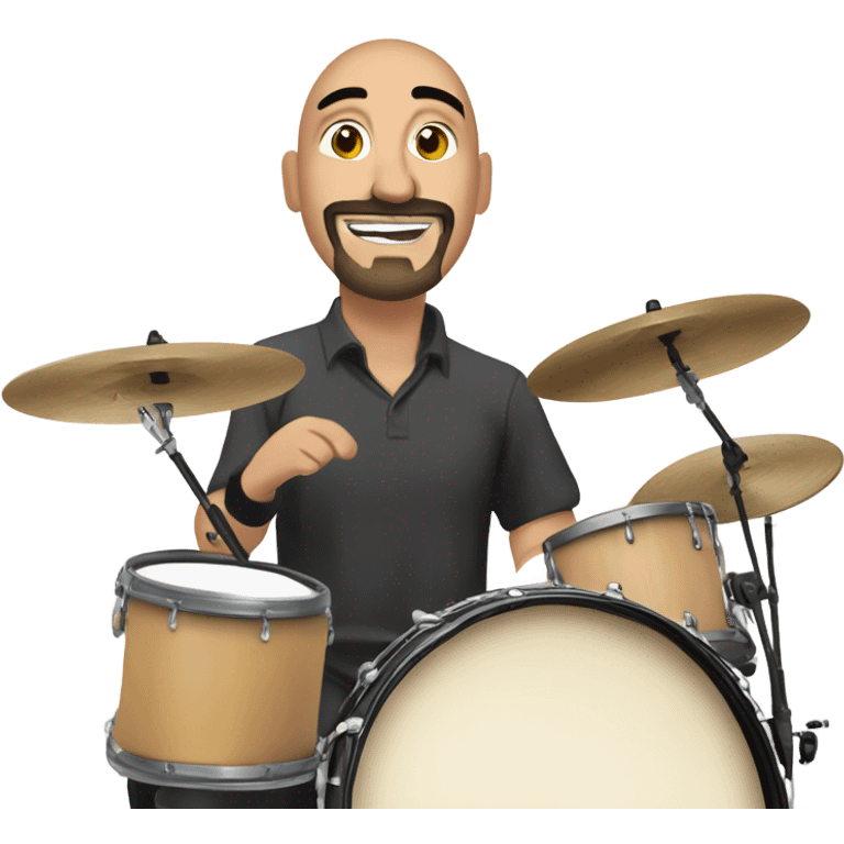 draw a bald mexican drummer with  goatee beard, widely smiling and enthusiastically playing drums during a live stream. The logo "JAVI IDA" should be visible in the background. emoji