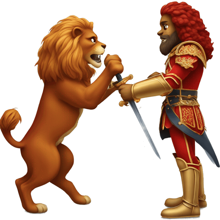 Red Cavalier with sword fighting a lion  emoji