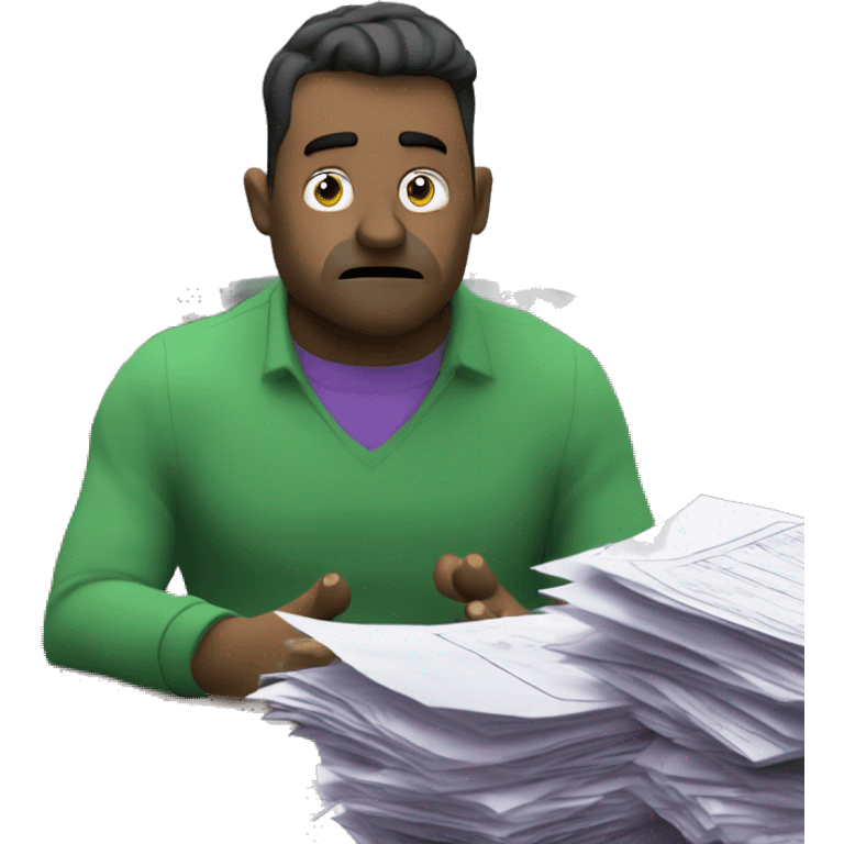 CISO in green/purple branding looks at his screen, frustrated and worried. In the background, piles of papers and reports are overflowing his desk. emoji