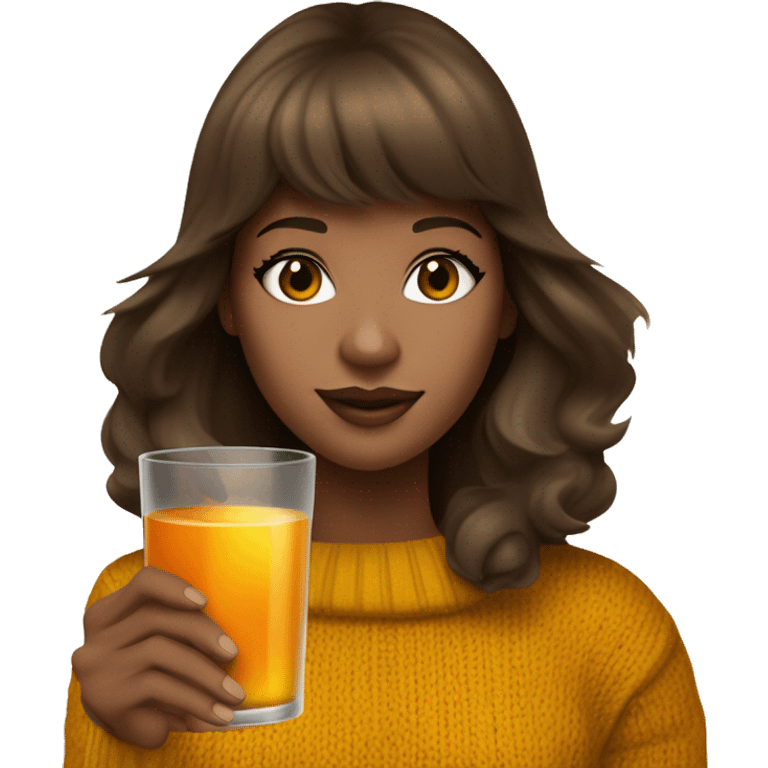 brown haired girl White woman with long dark brown hair and face framing layered bangs dressed in a mustard yellow sweater with a birthday hat and holding a glass filled with orange liquid with ice cubes  emoji