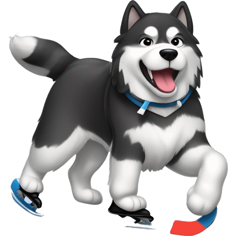 black and white alaskan malamute ice skating and playing hockey emoji