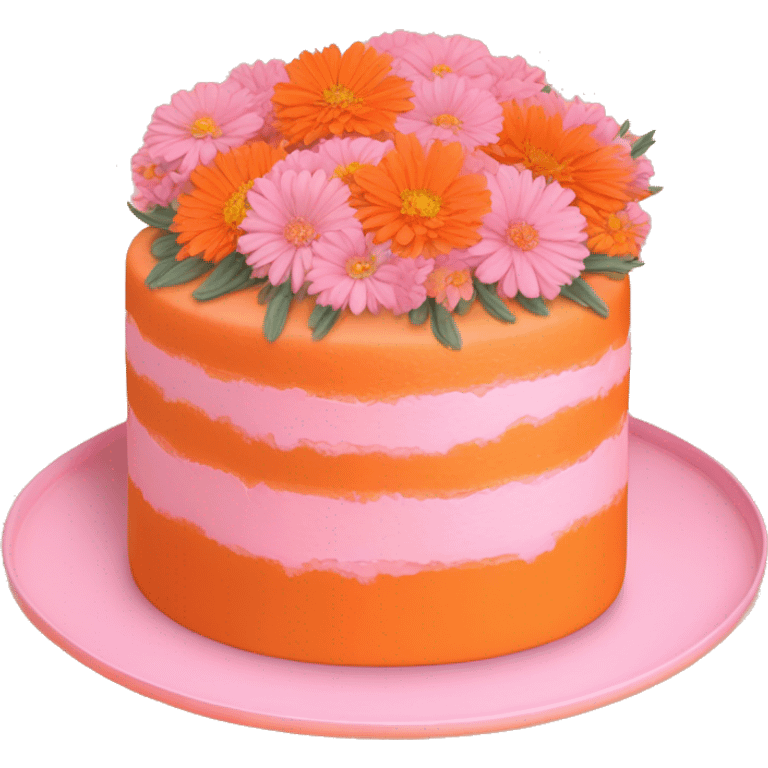 pastel pink and orange cake on orange plate with light pink mums and cosmos and zinnias emoji