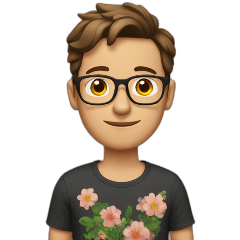 german guy with short brown hair up wearing glasses and dark t-shirt with flowers print emoji